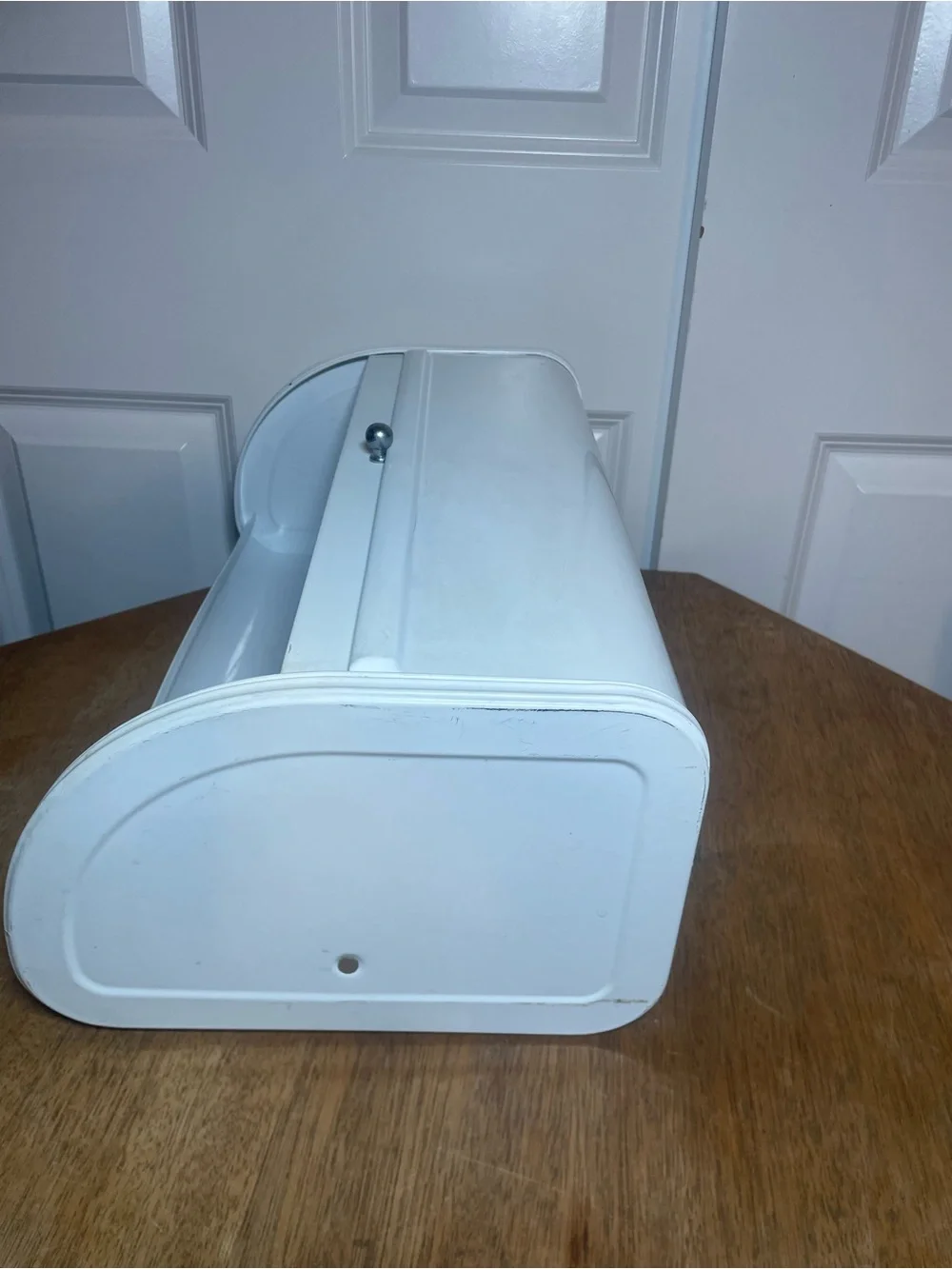 White Metal Roll Top Bread Box Blue Lettering Farmhouse Kitchen Storage